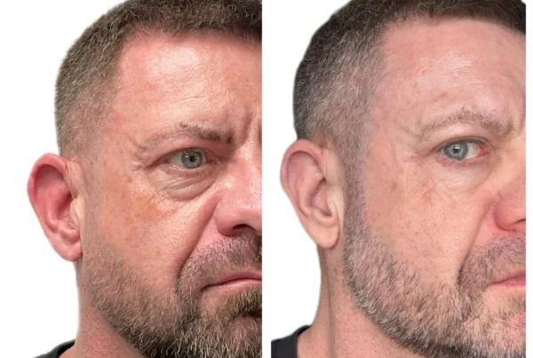 Before and after: left shows a man with short hair and fuller beard; right shows a cleaner, closely trimmed beard and neater hairline, both cropped at the shoulders and wearing a dark shirt.